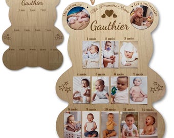 Cadre Photos Pêle-Mêle Ours en Bois Personnalisé - Souvenirs de la Première Année de Bébé– idée cadeau naissance, baptême, anniversaire 1 an