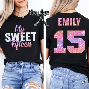 Sweet Fifteen Birthday T-Shirt: Custom Rainbow Glitter 15th Gift
