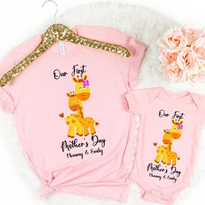 Personalized Our First Mothers Day Shirt, Mommy and Me Giraffe Shirt, Custom Name Mothers Day Outfit, Matching Mom and Baby Tee
