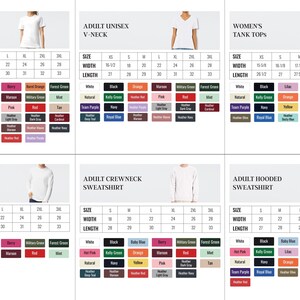 six different size and style charts for adult unisex clothing, including short sleeve t-shirts, crew necks, and hooded sweatshirts. The charts provide size and style information for various clothing items, such as t-shirts, crew necks, and hoodies.