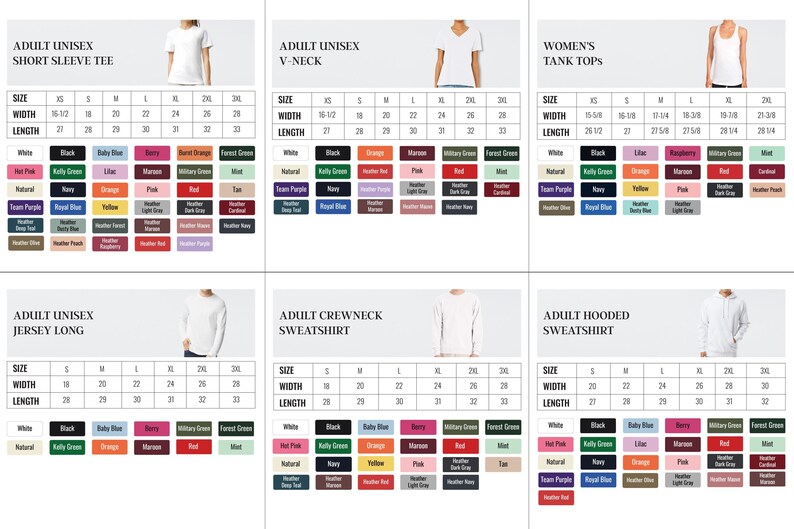 six different size and style charts for adult unisex clothing, including short sleeve t-shirts, crew necks, and hooded sweatshirts. The charts provide size and style information for various clothing items, such as t-shirts, crew necks, and hoodies.