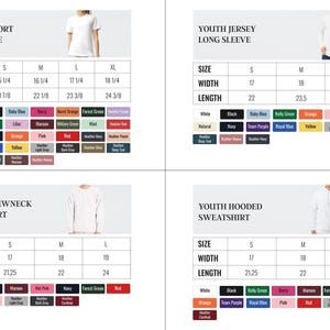 four different sizes and styles of youth clothing, including a short sleeve tee, a long sleeve tee, a crew neck sweatshirt, and a hooded sweatshirt. The sizes are listed in both S and M, and the widths range from 15 to 24 inches. The lengths are listed as 18 to 24 inches. The image also includes color options for each size and style, such as white, black, blue, green, red, and more.
