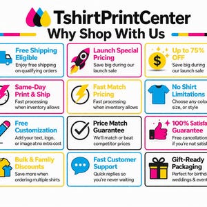 The image is a colorful advertisement for a TshirtPrintCenter, showcasing various benefits and services they offer to customers.