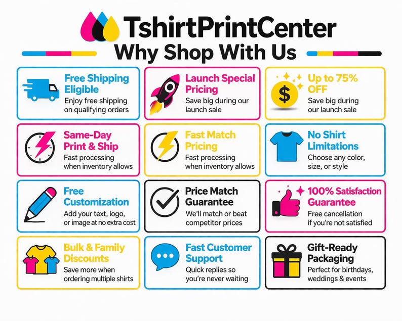 The image is a colorful advertisement for a TshirtPrintCenter, showcasing various benefits and services they offer to customers.