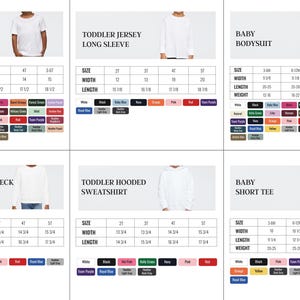 six different images of children's clothing items, including a toddler short sleeve tee, a toddler jersey long sleeve, a baby bodysuit, a toddler hooded sweatshirt, a toddler crew neck sweatshirt, and a toddler short tee. Each image provides size and width information for the respective clothing item, as well as color options for the different styles.