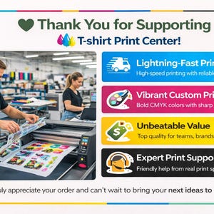 The image is a collage of various elements related to a T-shirt print center, including a man working with a printer, a woman working on a computer, and a sign with different colored buttons. The image also includes text that expresses gratitude for supporting the T-shirt print center and highlights the services they offer, such as lightning-fast printing, vibrant custom prints, unbeatable value, and expert print support.
