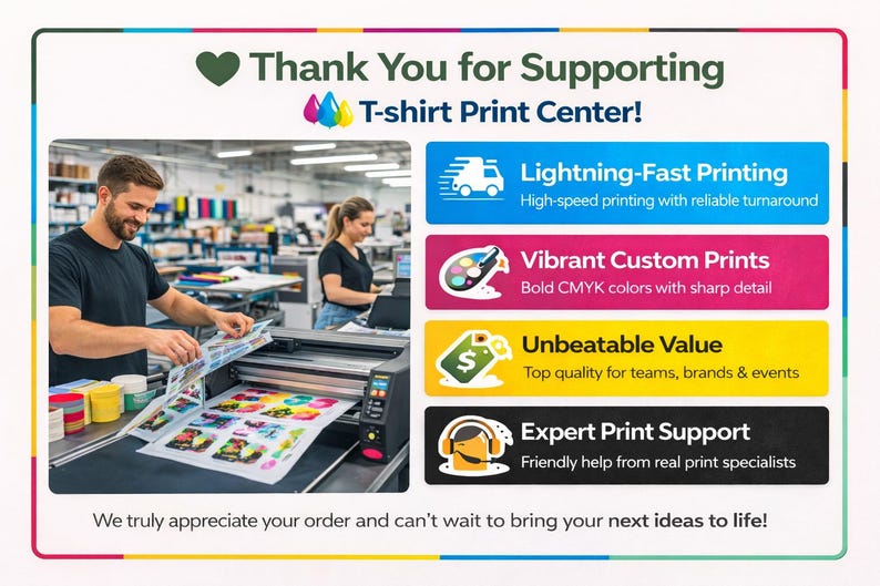 The image is a collage of various elements related to a T-shirt print center, including a man working with a printer, a woman working on a computer, and a sign with different colored buttons. The image also includes text that expresses gratitude for supporting the T-shirt print center and highlights the services they offer, such as lightning-fast printing, vibrant custom prints, unbeatable value, and expert print support.