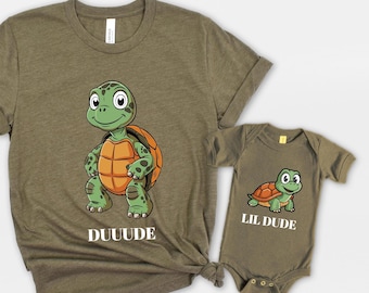 Father Son Matching Turtle Shirt Set, Dude Lil Dude Teesv