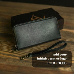 Cartera de mano de cuero personalizada con cremallera y correa para la muñeca, Cartera delgada con cremallera para tarjetas, Monedero de cuero con cremallera, Regalo personalizado