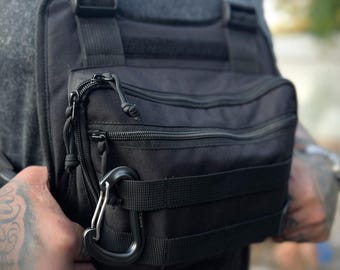 Black tactical chest bag with adjustable strap for activities, Small cordura chest pack, Cicling/Moto rig bag, EDC bag
