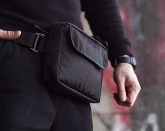 Schwarze, vielseitige Cordura-Umhängetasche, kompakte rechteckige Gürteltasche, EDC-Hüfttasche