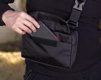 Black cordura versatile crossbody bag, compact rectangular fanny pack, EDC waist bag