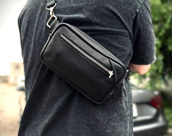 Black Texture Leather Crossbody Bag: Small Personalized Leather Fanny Pack