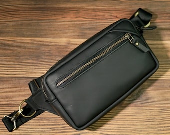Personalized Black Leather Crossbody Bag: Men's Belt Bag Fanny Pack