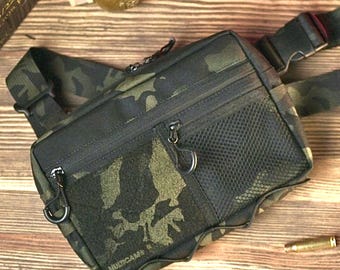Tactical black multicam chest bag with removable strap, Crossbody EDC mission cordura bag with gun holster