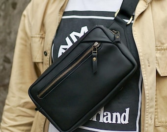 Personalized Black Leather Crossbody Bag: Engraved Men's Belt Bag