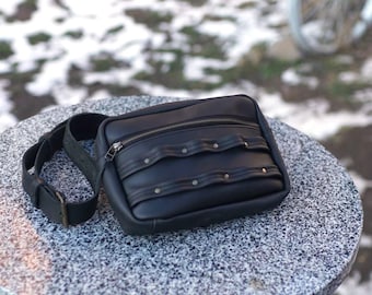 Personalized Black Leather Crossbody Sling Bag, Genuine Cowhide Chest Pack