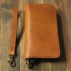 Cartera de cuero larga personalizada con cremallera y bolsillo para monedas, Cartera de mano de cuero, Regalo personalizado para hombres y mujeres