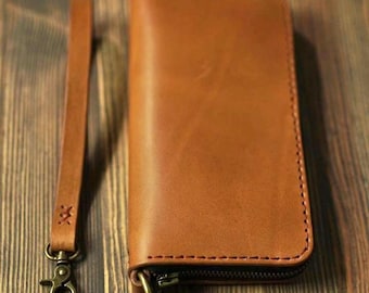 Cartera de cuero larga personalizada con cremallera y bolsillo para monedas, Cartera de mano de cuero, Regalo personalizado para hombres y mujeres