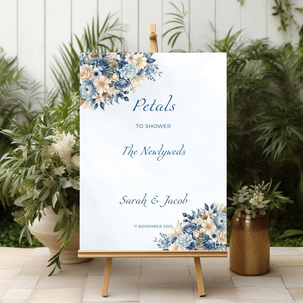 Petal Toss Template, Dusty Blue Wedding Signage, Navy Floral Reception Sign, Watercolor Flower Confetti Poster,  Ceremony Send Off