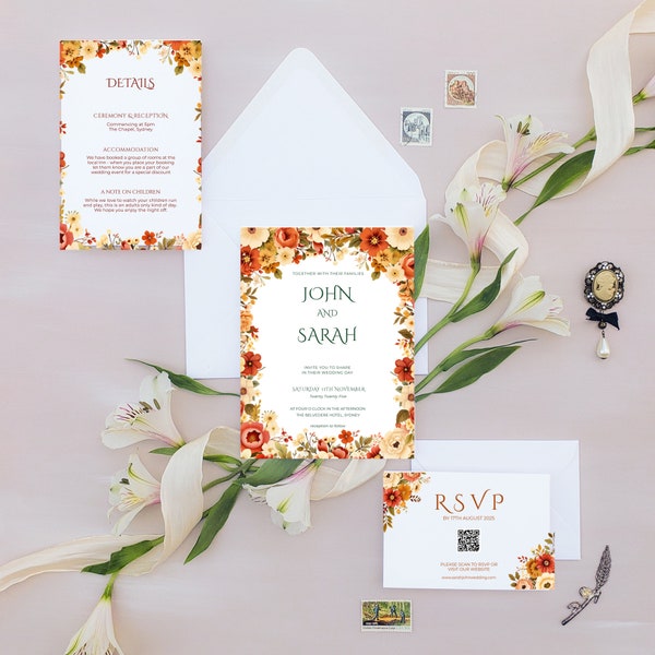 Funky Wedding Invitation Suite,  70s Retro Invite Set,  Groovy Flowers Bundle, Invite, Details Card, RSVP with QR Code - FL005