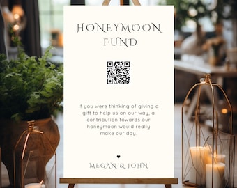 QR Code for Honeymoon Fund,  Minimalist Modern Wedding Reception Sign,  Digital Honeymoon Gift, Printable Template- M001