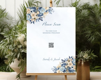 Wedding Program QR Code Sign, Dusty Blue Wedding Signage, Navy Floral Reception, Wedding Timeline Scan Code, Ceremony Guide, Blue Flowers