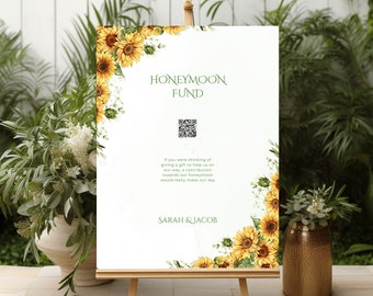 Honeymoon Fund Signage, Sunflower Wedding Sign with QR Code, Yellow Floral Reception Sign, Watercolor Flowers, Wedding Gift Scan Card