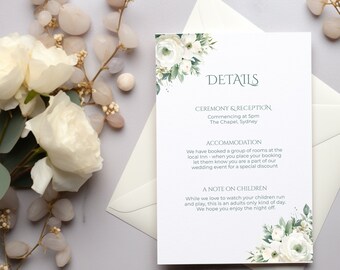 Sage Wedding Details,  Sage Green and White Floral Enclosure Card,  White Flowers Green Watercolour Roses - FL002