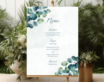 Dinner Menu Greenery, Eucalyptus Wedding Dinner Sign, Leafy Reception Signage, Wedding Food Template, Watercolor Wash