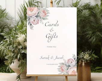 Card and Gifts Sign Blush Pink, Peony Floral Reception Sign,  Gift Table Printable, Giving Station, Dusky Rose Flowers  - FL003