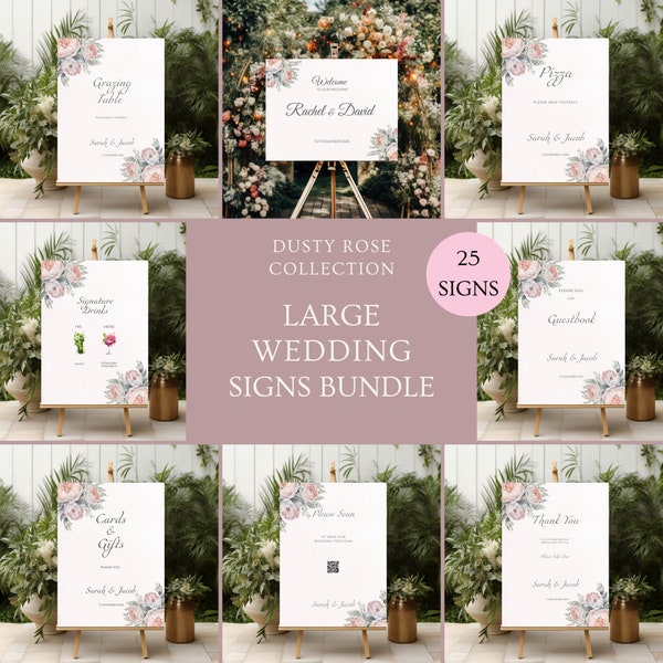 Wedding Welcome Sign Dusty Rose,  Watercolor Floral Reception Sign Bundle, Dusty Pink Peonies Signage Set, Sage Green Leaves, Dusky Rose