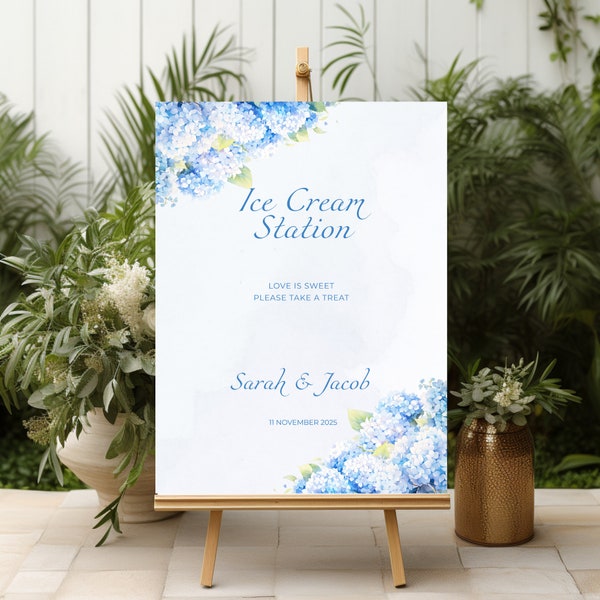Ice Cream Bar Signage, Hydrangea Floral Reception Sign,  Dessert and Sweets, Sundae Table,  Sky Blue Wedding Flowers, Watercolor  - TR004