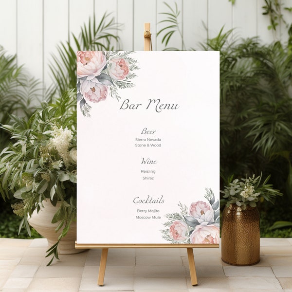 Pink Flower Bar Menu, Dusty Rose Wedding Sign, Cocktails Included, Watercolor Wash Pink Peony Reception Signage, Drinks Table Sign