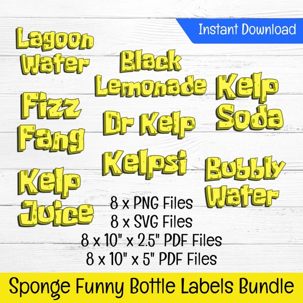 Sponge Funny Soda Labels, PNG and SVG. Kelp Soda, Dr Kelp, Bubbly Water, Black Lemonade, Fizz Fang, Kelp Juice, Kelpsi. Instant Download