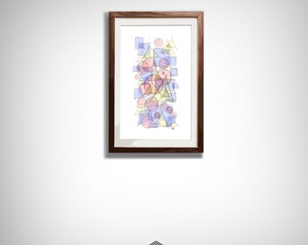 Puede incluir: Una impresión de arte abstracto enmarcada con un fondo blanco y un diseño colorido de círculos, cuadrados y triángulos superpuestos en tonos de azul, rosa y amarillo.