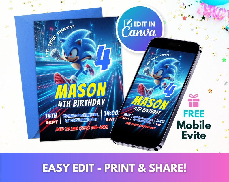 Sonic Birthday Invitation, Sonic Invitation, Editable Printable Sonic ...