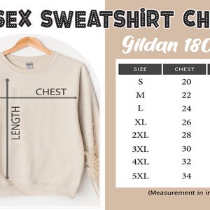 May include: A beige Gildan 18000 unisex sweatshirt displayed on a hanger, with a size chart showing chest and length measurements in inches. The chart includes sizes S to 5XL, with chest measurements ranging from 20 to 34 inches and lengths from 27 to 34 inches.