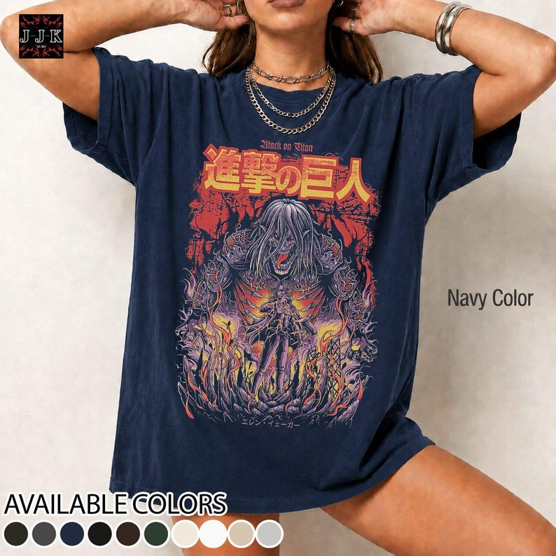 Oversized Eren Yeager Attack on Titan vintage graphic t-shirt mockup on navy Comfort Colors 1717 faded tee featuring retro anime character inspired artwork and casual streetwear vibe.