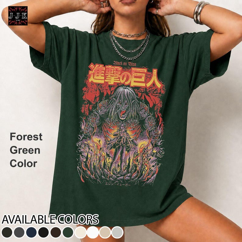 Vintage Eren Yeager Attack on Titan oversized graphic tee on forest green Gildan 5000 classic fit shirt featuring retro anime inspired artwork and faded streetwear design.
