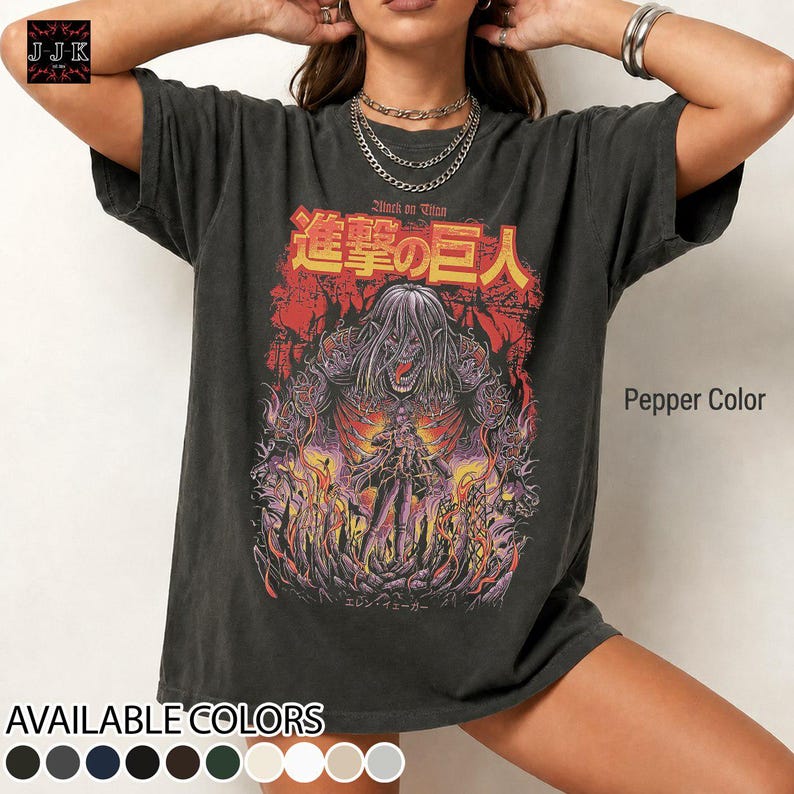 Vintage Eren Yeager Attack on Titan graphic tee mockup on pepper Comfort Colors 1717 oversized t-shirt featuring retro anime inspired artwork with faded streetwear aesthetic and garment dyed fabric.