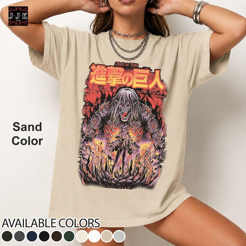Vintage Eren Yeager Attack on Titan graphic tee on sand Gildan 5000 heavyweight t-shirt mockup featuring retro anime character collage artwork and oversized streetwear style.