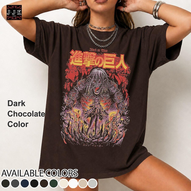 Retro Eren Yeager Attack on Titan inspired shirt mockup on dark chocolate Gildan 5000 t-shirt featuring vintage manga artwork with distressed oversized graphic aesthetic.