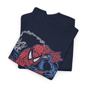 Retro Vintage Distressed look Spiderman Peter Parker Unisex Heavy Cotton 90s Graphic Tee Shirt RZ Navy