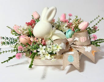 Easter Bunny Centerpiece, Spring Floral Arrangement, Pink Tulip Bunny Decor, Easter Table Decor, Pastel Egg Basket Centerpiece