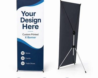 May include: A custom printed X banner with the text "Your Design Here". The banner has a white background with blue wave accents and icons for stores, events, and trade shows. The banner is lightweight, portable, and easy to set up.