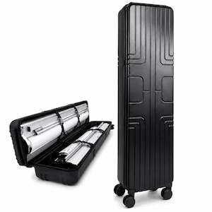 May include: A black, rectangular, hard-shell transport case with vertical grooves and four wheels. The case is shown in two positions: standing upright on its wheels and lying open on its side, revealing internal silver metal poles and components.