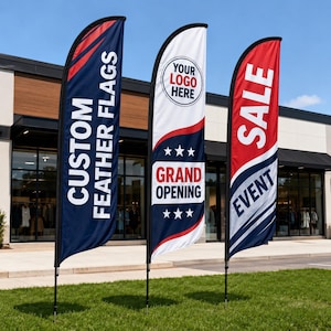May include: Three custom feather flags stand on a grassy area in front of a building. The flags are navy blue, white, and red, with text that reads "CUSTOM FEATHER FLAGS", "YOUR LOGO HERE", "GRAND OPENING", "SALE", and "EVENT".