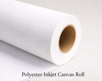 May include: A roll of white polyester inkjet canvas. The canvas is blank and ready for inkjet printing. The text "Polyester Inkjet Canvas Roll" and "Blank canvas for inkjet printing" are visible.