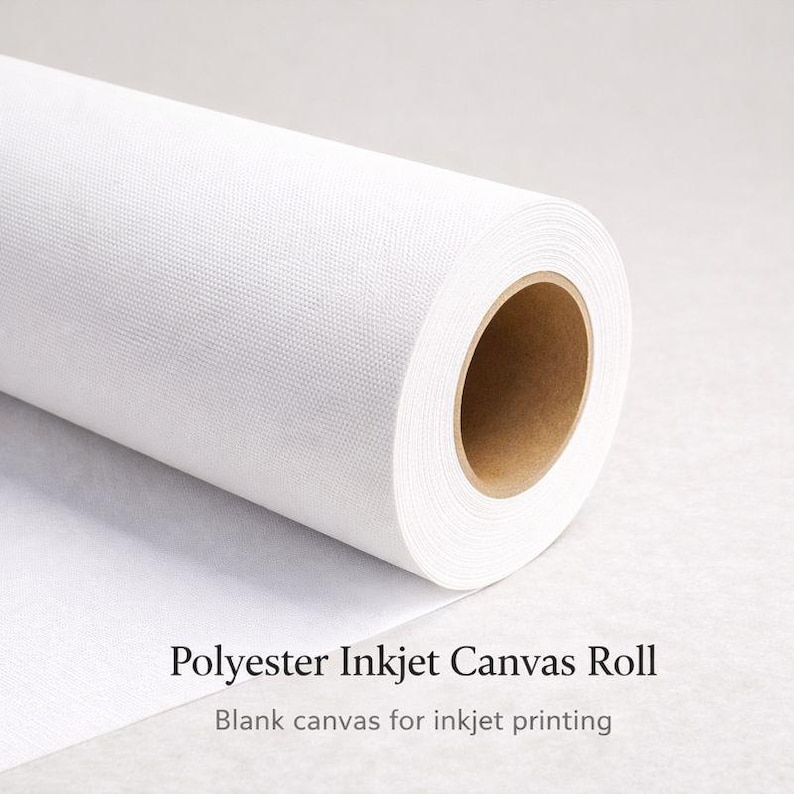 May include: A roll of white polyester inkjet canvas. The canvas is blank and ready for inkjet printing. The text "Polyester Inkjet Canvas Roll" and "Blank canvas for inkjet printing" are visible.